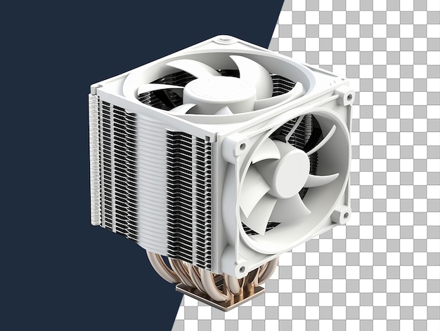 Um ventilador de cpu de computador branco com um fundo azul e transparente