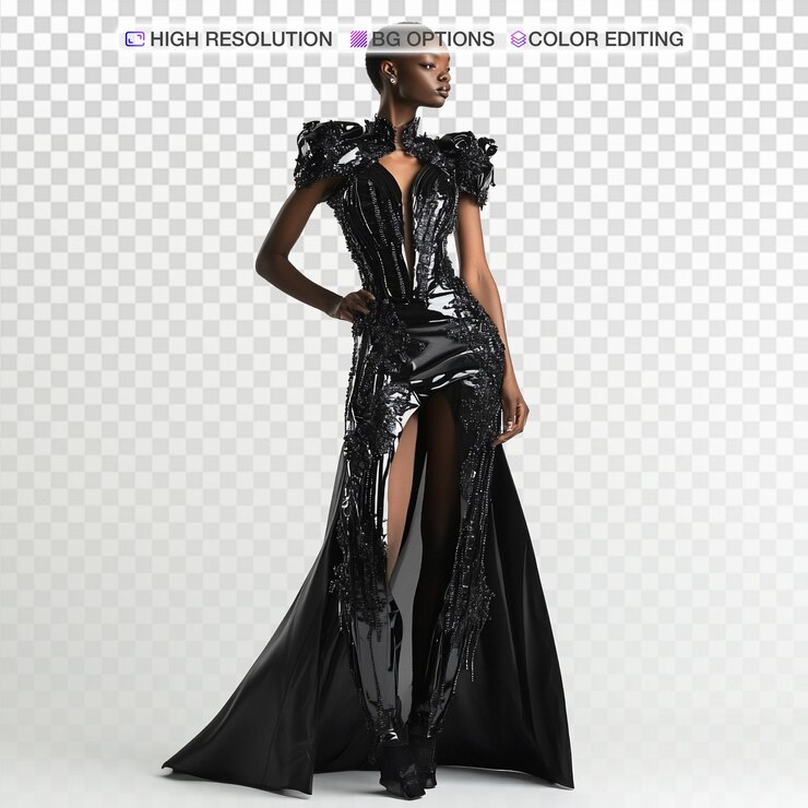 PSD um vestido de cyberpunk com inserções de malha pura.