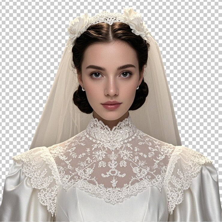 PSD um vestido de noiva vintage clássico com detalhes de renda e um fundo transparente de colarinho alto