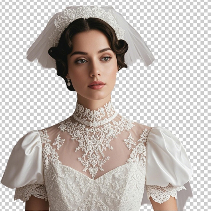PSD um vestido de noiva vintage clássico com detalhes de renda e um fundo transparente de colarinho alto