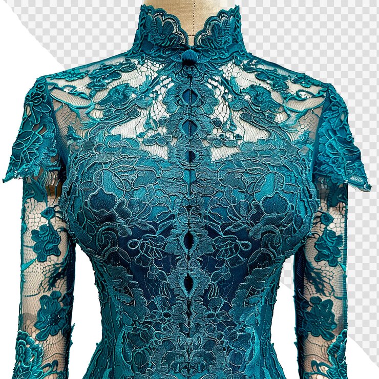 PSD um vestido de renda azul-azul ajustado com padrões intrincados em fundo transparente