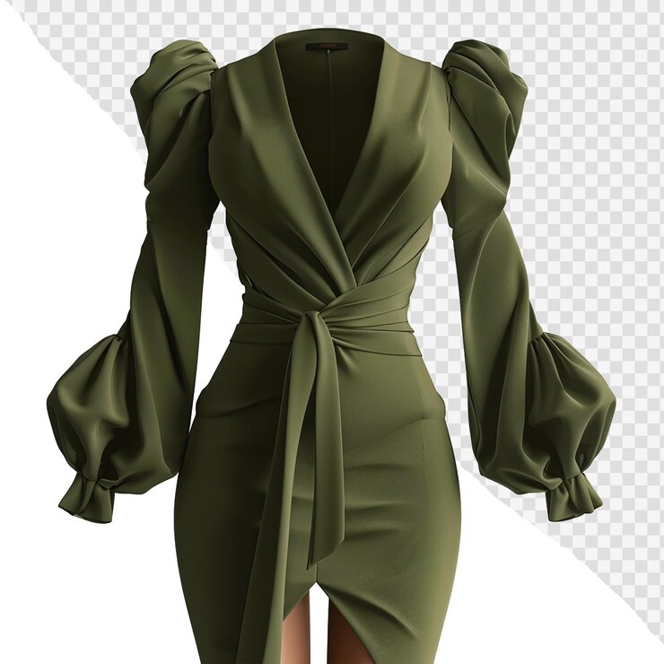 PSD um vestido verde-oliva escuro elegante e lisonjeiro em fundo transparente