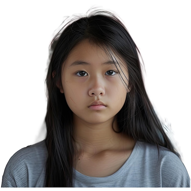 Uma adolescente asiática triste e séria.