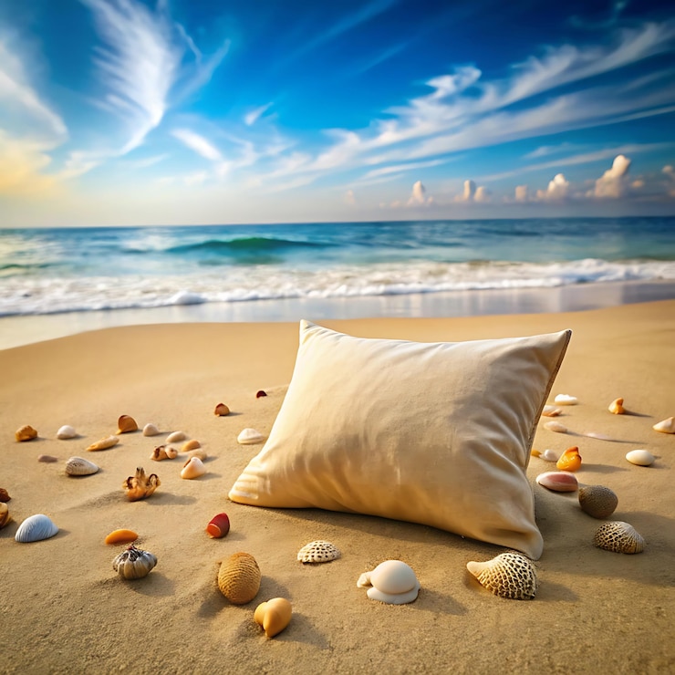 PSD uma almofada na praia com conchas e um almofado