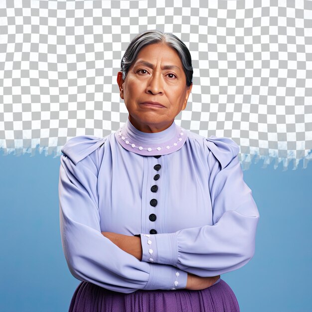 Uma apática mulher de meia-idade com cabelos curtos da etnia nativa americana vestida com trajes de armário posa no estilo chin on hand contra um fundo pastel periwinkle