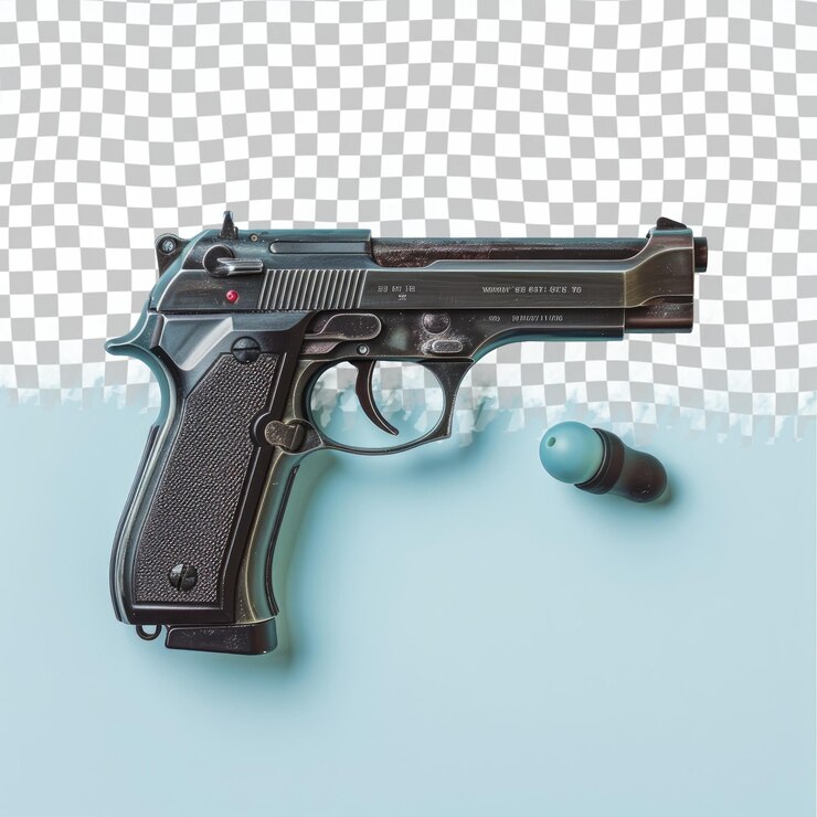 PSD uma arma com uma alça preta está em um fundo azul
