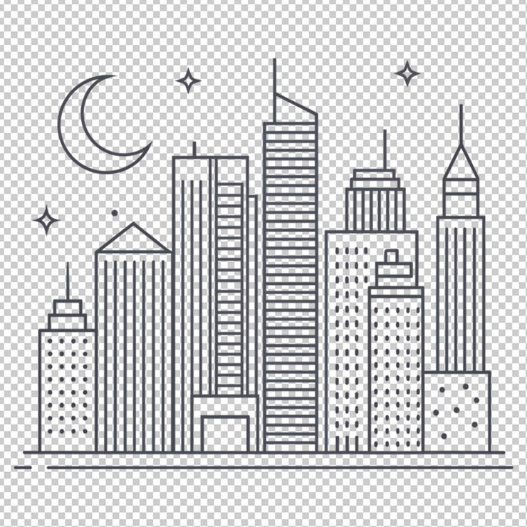 PSD uma arte de linha minimalista de uma cidade movimentada em fundo transparente