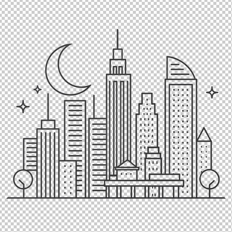 PSD uma arte de linha minimalista de uma cidade movimentada em fundo transparente