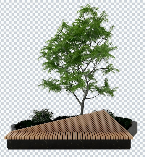Uma árvore com um telhado de madeira e uma cerca de madeira no topo