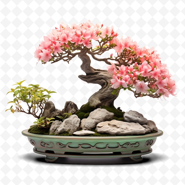 uma árvore de bonsai com flores cor-de-rosa e a palavra b nela