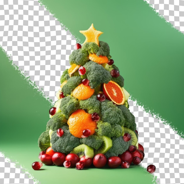 uma árvore de natal com frutas e bagas sobre um fundo verde.