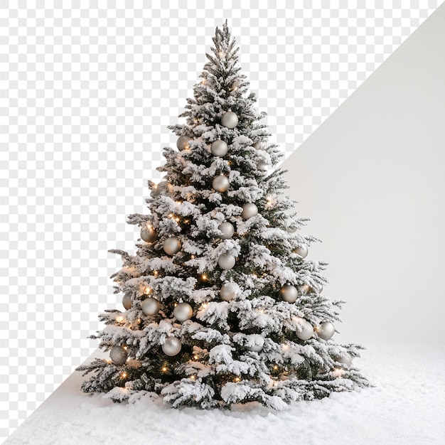 uma árvore de Natal com neve e um fundo branco