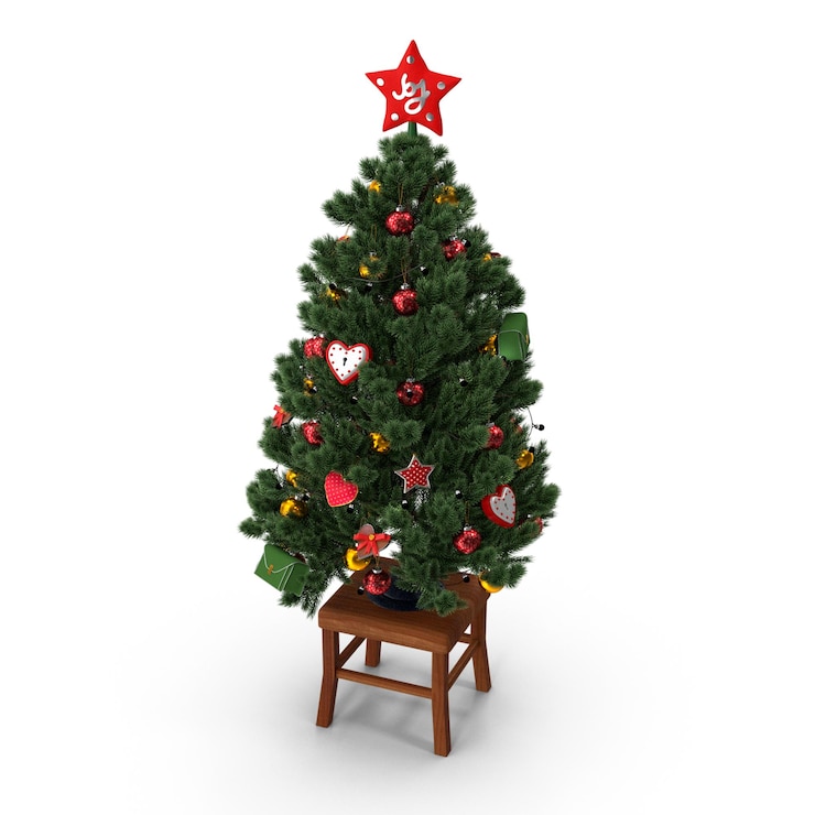 PSD uma árvore de natal com uma estrela vermelha sobre ela e uma cadeira de madeira com uma chair de madeira