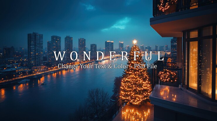 PSD uma árvore de natal decorada com luzes fica em uma varanda com vista para o horizonte da cidade à noite
