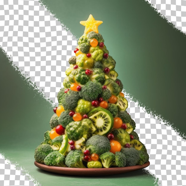 PSD uma árvore de natal feita de frutas e legumes.