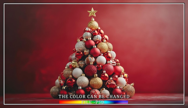 PSD uma árvore de natal feita de ouro vermelho e bolinhas brancas em um fundo vermelho
