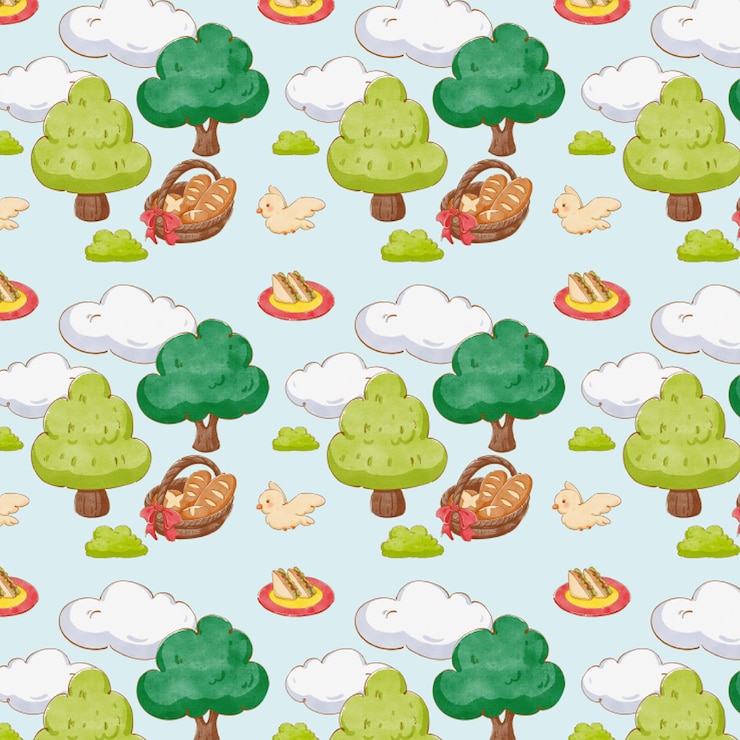 PSD uma árvore voadora de pássaro e nuvens com uma baguete em uma cesta próxima desenhado à mão desenho de padrão sem costura