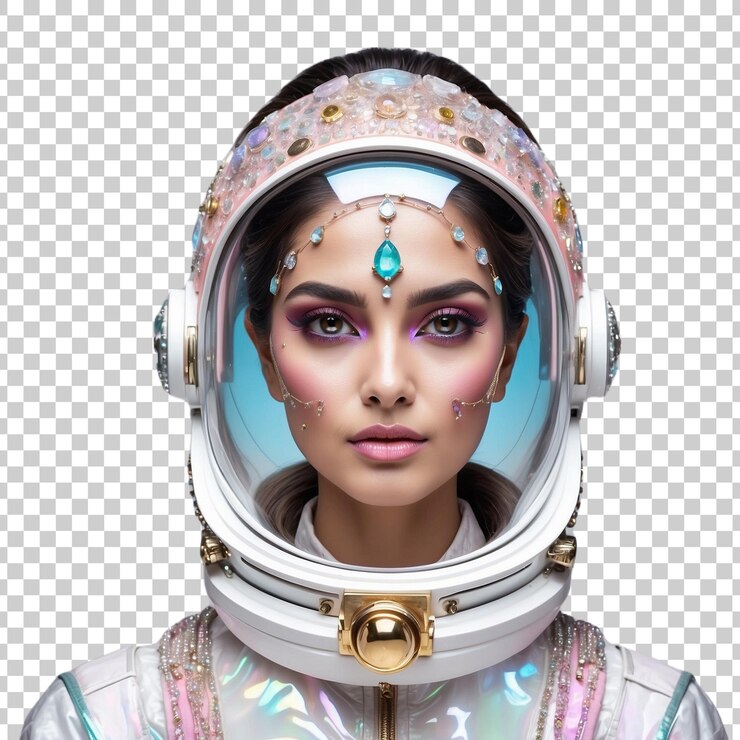 PSD uma astronauta com um rosto colorido e as palavras espaço no rosto