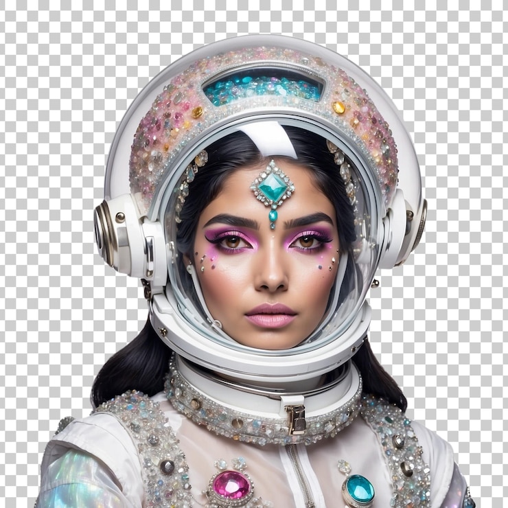 PSD uma astronauta com um rosto colorido e as palavras espaço no rosto
