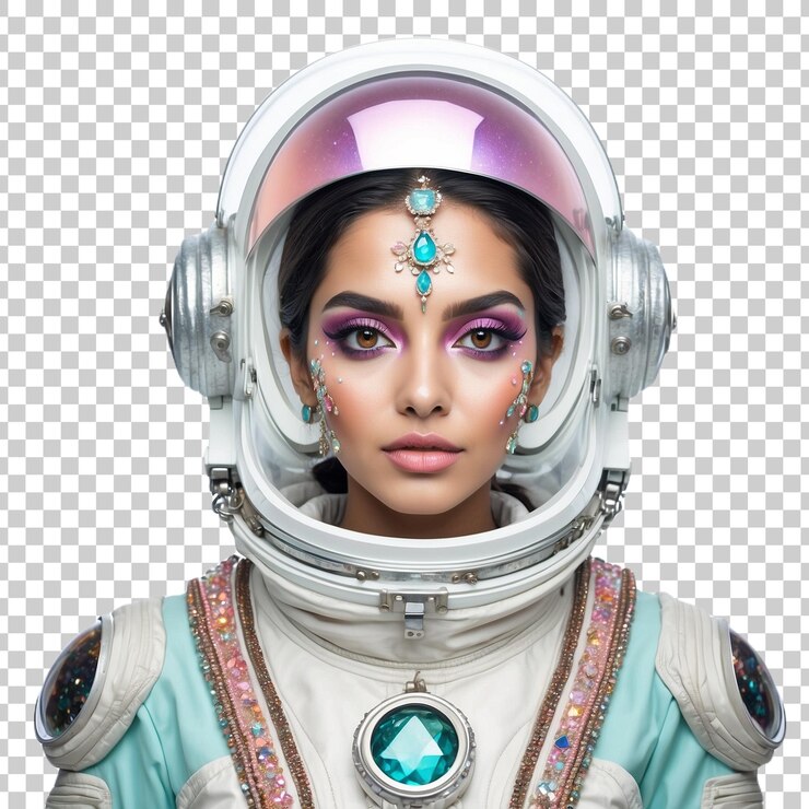 PSD uma astronauta com um rosto colorido e as palavras espaço no rosto
