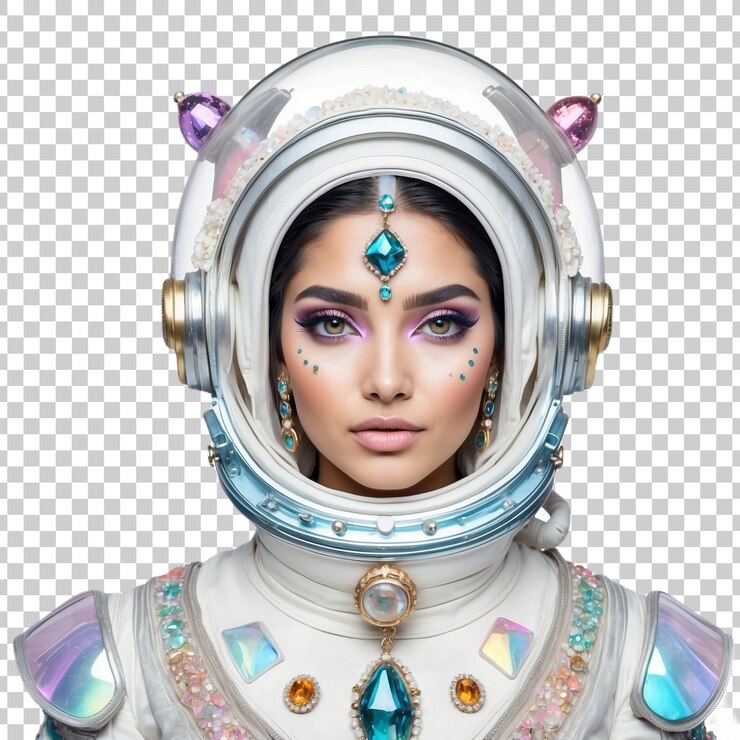 PSD uma astronauta com um rosto colorido e as palavras espaço no rosto