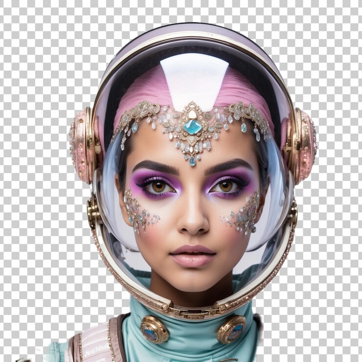 PSD uma astronauta com um rosto colorido e as palavras espaço no rosto
