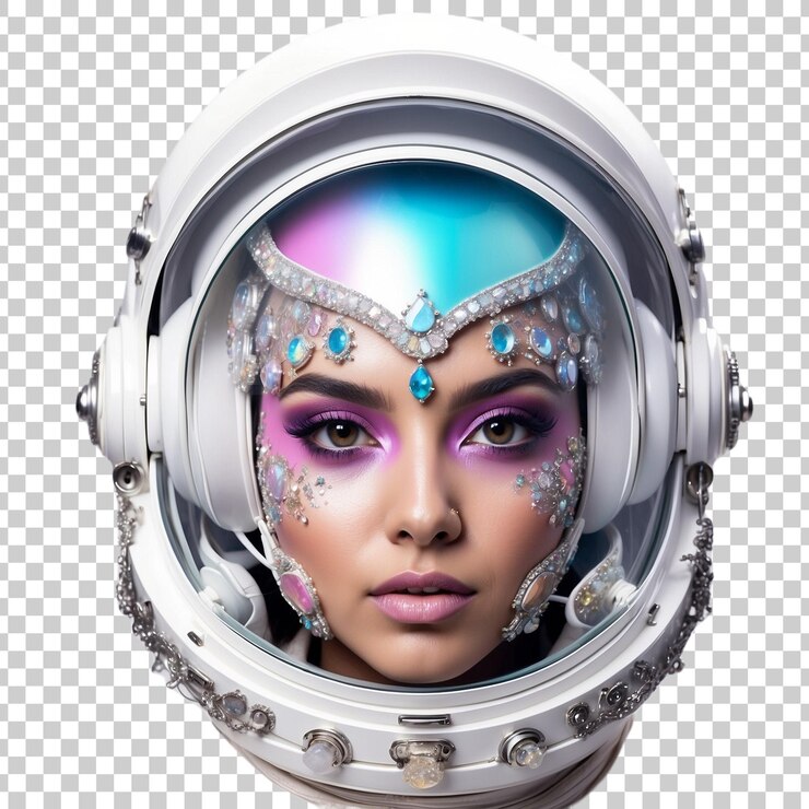 PSD uma astronauta com um rosto colorido e as palavras espaço no rosto