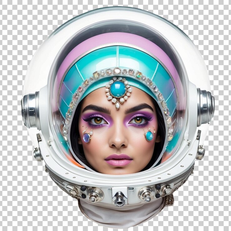 PSD uma astronauta com um rosto colorido e as palavras espaço no rosto