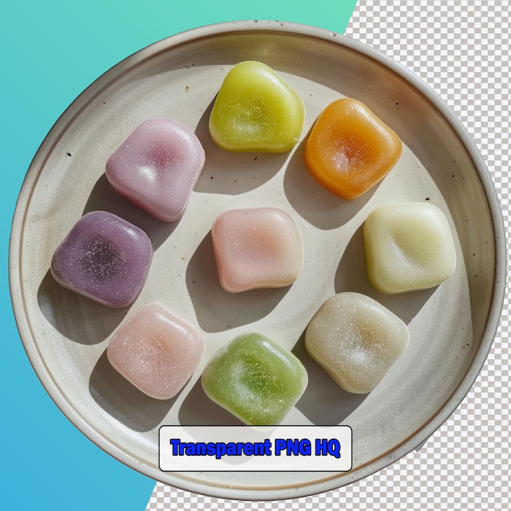 PSD uma atraente exibição de mochi coloridos em um prato destacando sua textura suave e variedade de tons vibrantes perfeitos para desfrutar de doces tradicionais japoneses