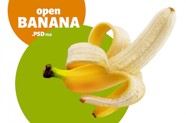 Uma banana descascada aberta isolada no branco