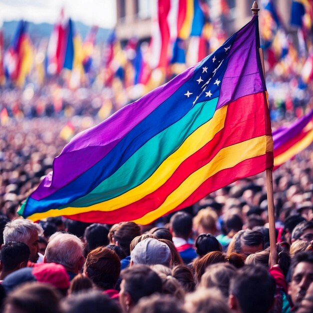 PSD uma bandeira colorida está na frente de uma multidão de pessoas