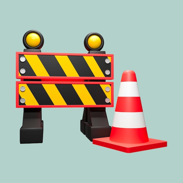 uma barreira rodoviária de ícone 3D com cor vermelha, amarela e preta e cone com cores vermelha e branca