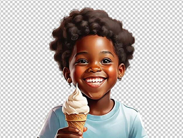 PSD uma bela criança negra afro-americana segurando e comendo um sorvete em um cone com um grande sorriso