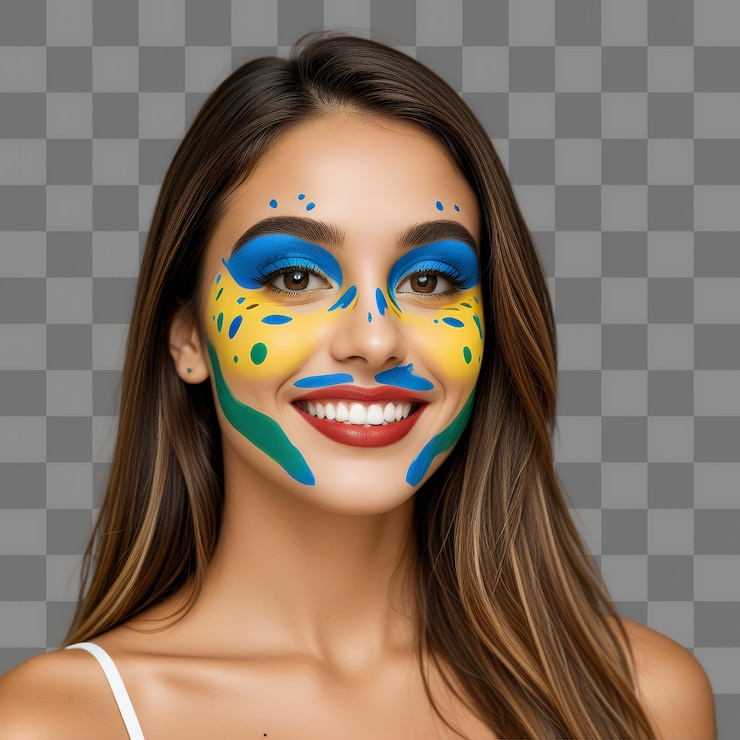 PSD uma bela mulher com o rosto pintado com as cores da bandeira do brasil sorrindo