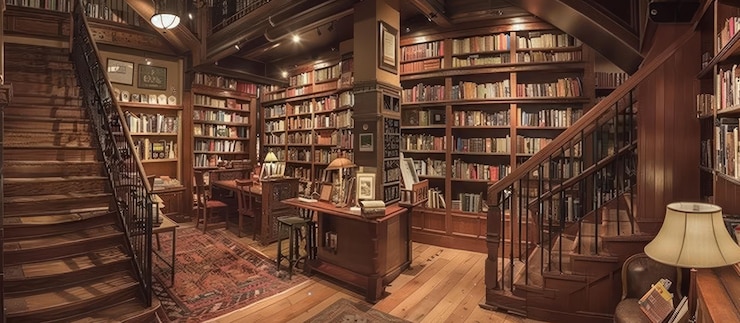 PSD uma biblioteca aconchegante com pisos de madeira uma escada e estantes cheias de livros