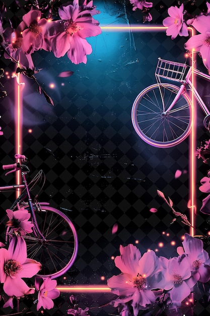 PSD uma bicicleta rosa com uma cesta na frente e uma flor rosa no fundo