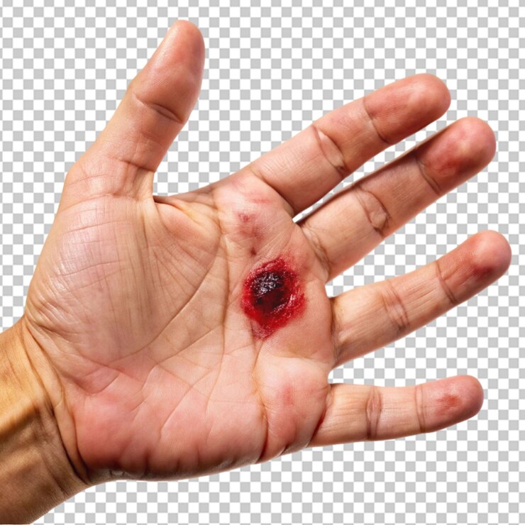 PSD uma bolha de sangue na palma de uma mão aberta em fundo transparente