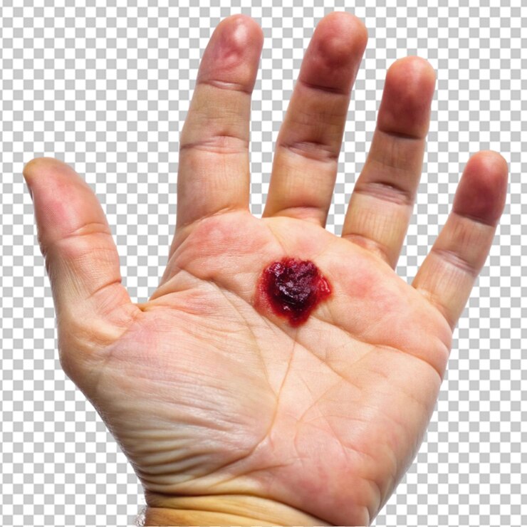PSD uma bolha de sangue na palma de uma mão aberta em fundo transparente