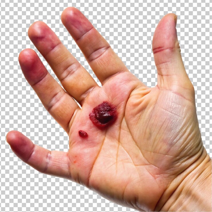 PSD uma bolha de sangue na palma de uma mão aberta em fundo transparente