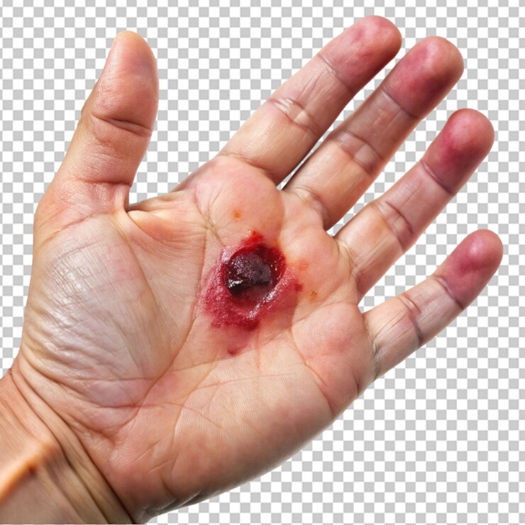 PSD uma bolha de sangue na palma de uma mão aberta em fundo transparente