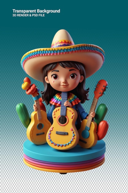 Uma boneca com uma guitarra e uma guitarra nela