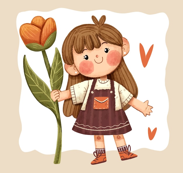 Uma bonita garota de desenho animado segurando uma flor de laranja