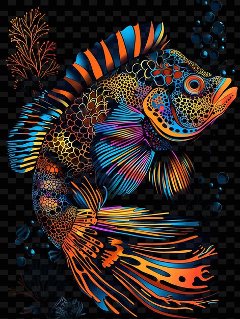 PSD uma cabeça de peixe colorida com listras laranja e azul e peixe laranja