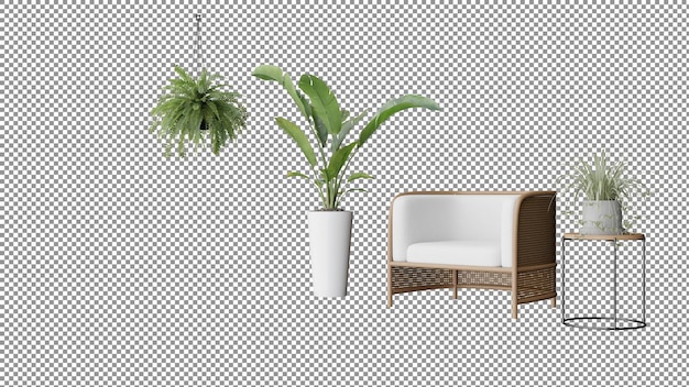 uma cadeira branca e uma planta num vaso branco