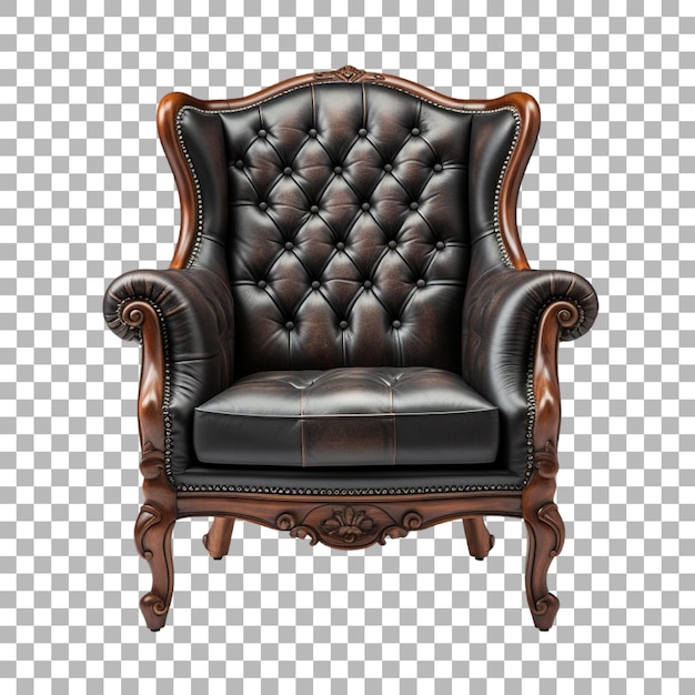 Uma cadeira com uma moldura de madeira e uma cadeira de couro preto