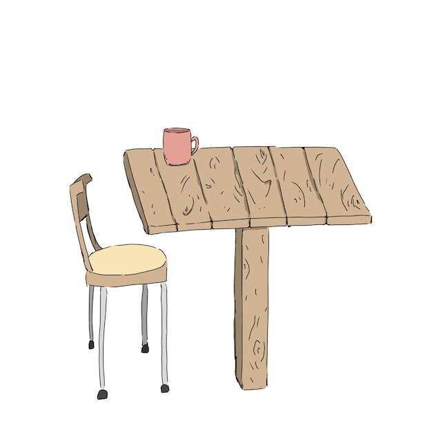 Uma cadeira de madeira fica perto de uma mesa de madeira na qual há uma xícara de ilustração de cor de café