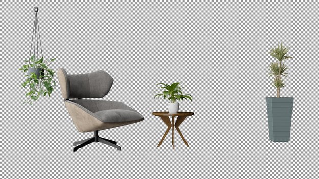 uma cadeira e uma mesa com uma planta nela