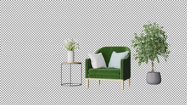 uma cadeira verde e uma planta num vaso branco