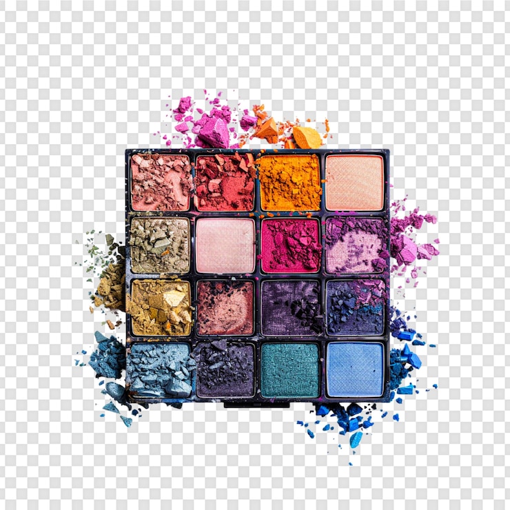 PSD uma caixa de maquiagem com diferentes cores isoladas em fundo transparente