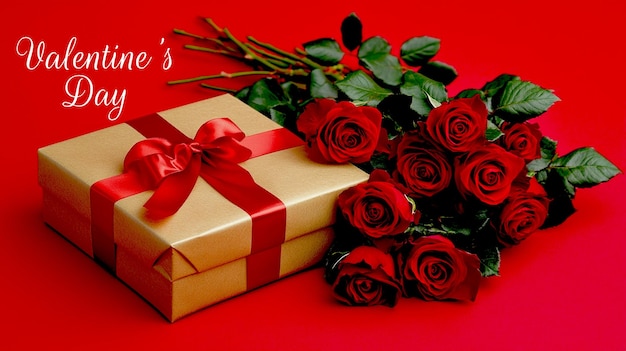 uma caixa de presente com um bouquet de rosas e um fundo vermelho com uma fita vermelha